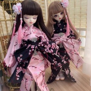 BJD Kimono Yukata Pink / Itom nga adunay banda sa buhok