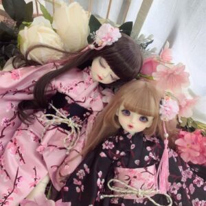 BJD Kimono Yukata Pink / Itom nga adunay banda sa buhok